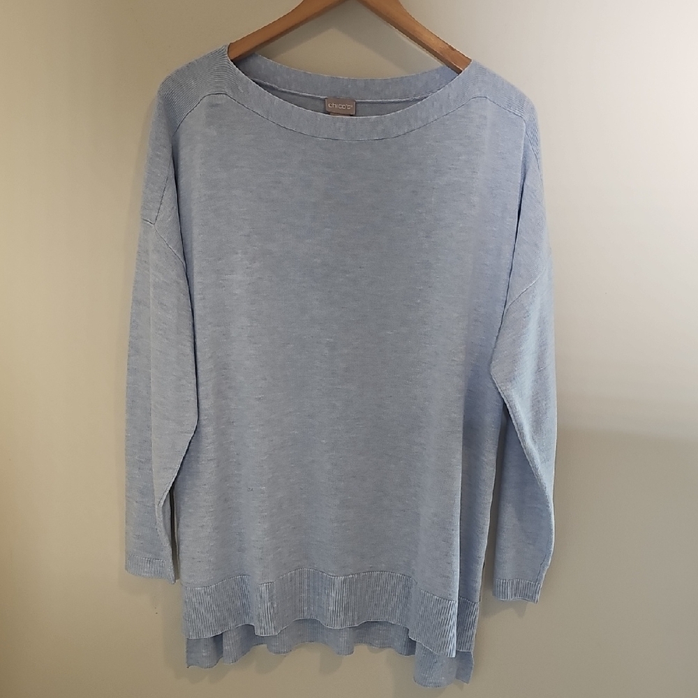 Chico's 3 Soft Blue Knit Top. XL. Decrative Side Buttons.